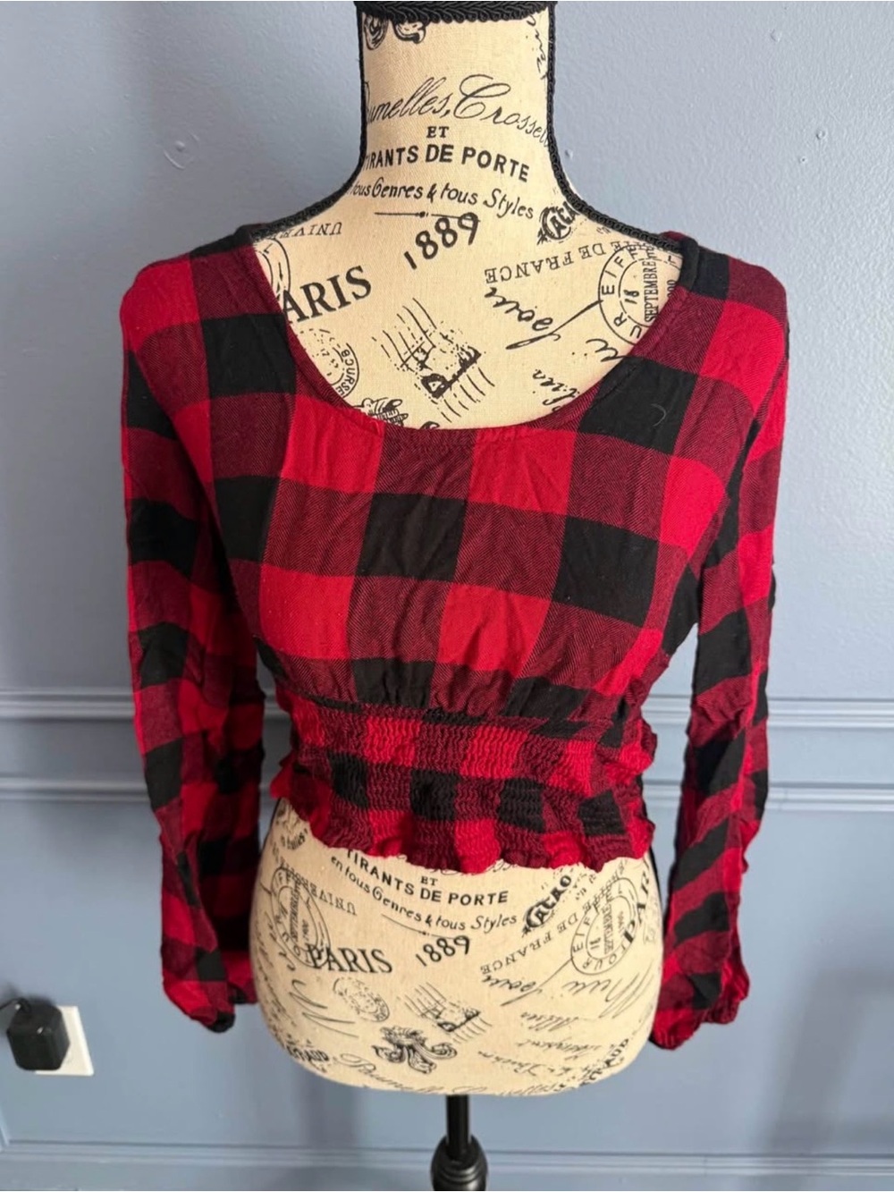Red & Black Buffalo Plaid Smocked Waist Women’s Top